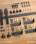 Beefy Black 6Ft Ceiling Mount Sliding Barn Door Hardware Kit with L Shape Bracket System components on wooden surface