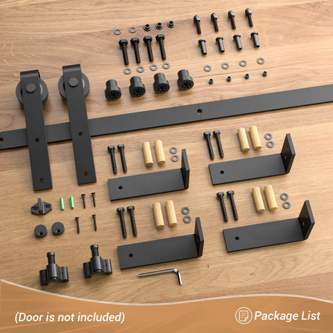 Beefy Black 6Ft Ceiling Mount Sliding Barn Door Hardware Kit with L Shape Bracket System components on wooden surface