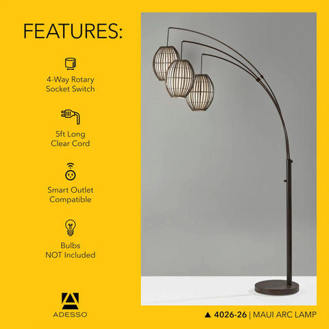 Maui Arc Floor Lamp With Three Movable Shades And Adjustable Height, Perfect Lighting For Bedroom And Living Room, Antique Bronze Finish