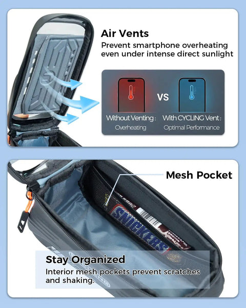Ridiculously Handy 2L Bike Front Frame Bag with air vents and mesh pocket for equipment organization and performance.