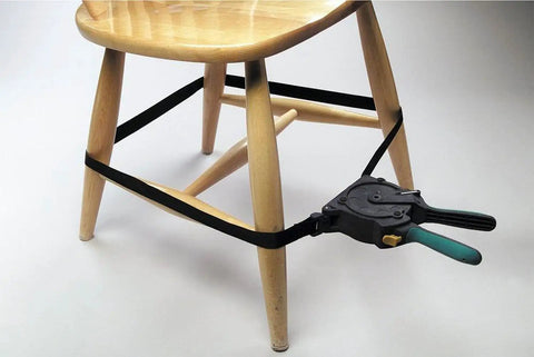 One-Hand Ratcheting Band Clamp for Quick Glue-Ups and Framing securing chair legs, 16-inch clamp with self-adjusting corners