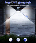 Super Bright Solar Outdoor Lights 2-Pack With Motion Sensor, 178 LEDs, 270 Degree Wide Angle installed on wall illuminating area