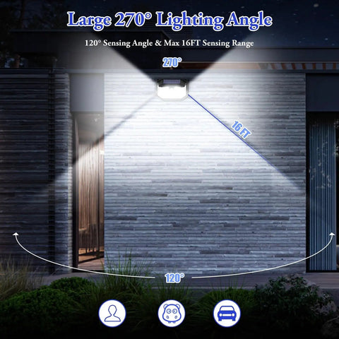 Super Bright Solar Outdoor Lights 2-Pack With Motion Sensor, 178 LEDs, 270 Degree Wide Angle installed on wall illuminating area