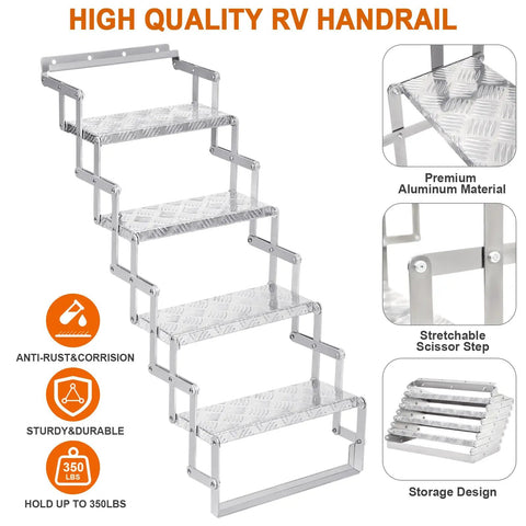 Aluminum RV Step Ladder With 4 Steps, 18-Inch Wide Outdoor Camper Stairs, Anti-Slip Surface, Portable Travel Trailer Stair Access, Durable Silver Finish, Lightweight And Built Tough For Real Outdoor Use, Corrosion-Resistant Build For Easy Storage, folded scissor stair