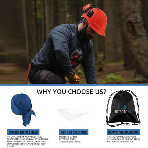 Man wearing Pro-Grade All-In-One Six-In-One Chainsaw Helmet Kit With Mesh Face Shield And Earmuff Hearing Protection For Forestry Work ANSI Z89.1 Type I Class C Certified Arborist Hard Hat Orange, shown with additional gear layout.