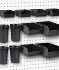 12 Pack Pegboard Bins And Cups Set For One Eighth And One Quarter Inch Pegboard Wall Organizer displayed on pegboard
