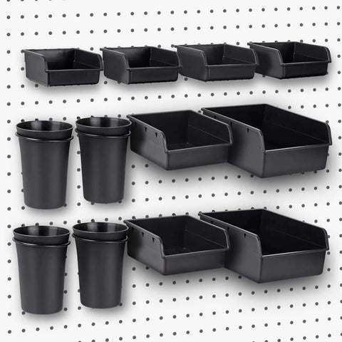 12 Pack Pegboard Bins And Cups Set For One Eighth And One Quarter Inch Pegboard Wall Organizer displayed on pegboard