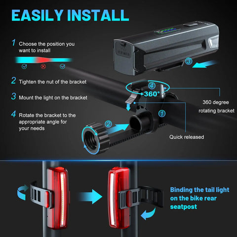 USB C Rechargeable Bike Light Set Front Headlight And Rear Taillight With 9 Modes installation on bike handlebar and seat post