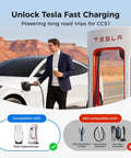 Man using Tough As Nails Ul 2252 Certified Tesla Supercharger To Ccs1 Adapter with white Tesla car outdoors.