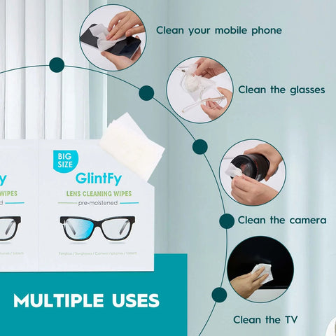 GlintFy lens cleaning wipes box, big size, pre-moistened, 400 count for eyeglasses, sunglasses, cameras, phones