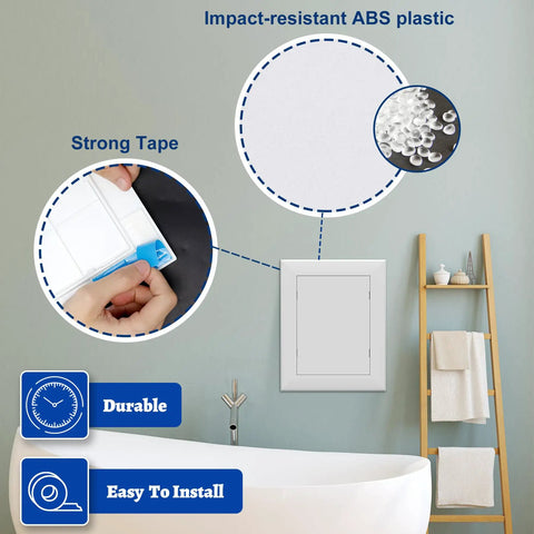 No Drama Peel And Stick Drywall Access Panel 5 x 7 Inch Heavy Duty Plastic Plumbing Hole Cover White on bathroom wall