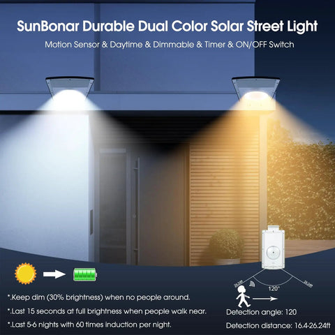 Dual Color Solar Street Light illuminating with cool and warm white tones, showing motion sensor and dusk to dawn features.