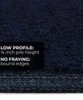 Close-up of non slip carpet stair treads set of 15 navy blue 8x27 inches showing low profile and bound edge features.
