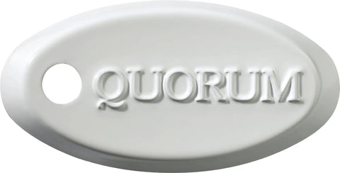 White embossed Quorum logo tag, accessory for Estate White 30 Inch Indoor Ceiling Fan With Six Blades Three Speed Pull Chain 120 Volt White Finish