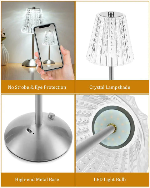 Cordless Crystal Lamp With Color Changing Touch Control, Rechargeable Diamond Table Light for Bedroom and Living Room shown with details.