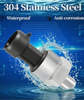 0 To 100 PSI Pressure Sensor Transducer For Fuel Oil Air And Water With One Eighth Inch NPT Thread And Harness Kit 316 Stainless Steel Automotive Marine And Truck Compatible, showing side view with waterproof and anti-corrosion features in blue background.