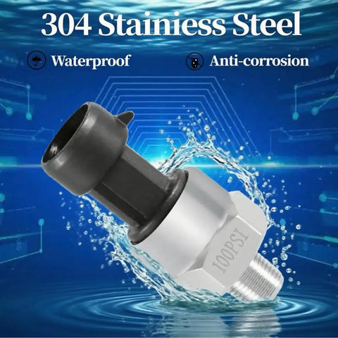 0 To 100 PSI Pressure Sensor Transducer For Fuel Oil Air And Water With One Eighth Inch NPT Thread And Harness Kit 316 Stainless Steel Automotive Marine And Truck Compatible, showing side view with waterproof and anti-corrosion features in blue background.