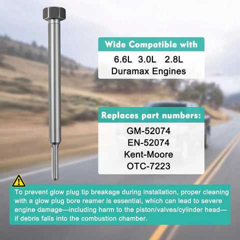 Duramax Glow Plug Bore Reamer Tool For 6.6L 3.0L 2.8L Diesel Engines with compatibility details shown