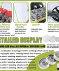 Detailed display of hand push precision seed planter components with seed wheels, spacing adjustment, and PVC seeding box info.