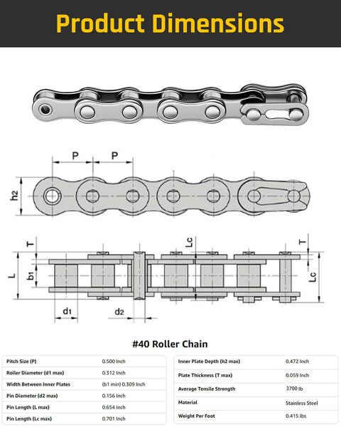 Product dimensions for 40 Roller Chain 10 Ft With Two Free Connecting Links And Two Tie Rod Chain Hardware for gate openers and bikes.