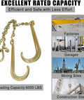 Beefy 5/16 Inch G70 Tow Chain With Large Shank J Hooks And Grab Hooks in gold finish showing heavy-duty capacity for various sites.