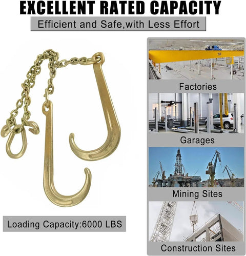 Beefy 5/16 Inch G70 Tow Chain With Large Shank J Hooks And Grab Hooks in gold finish showing heavy-duty capacity for various sites.
