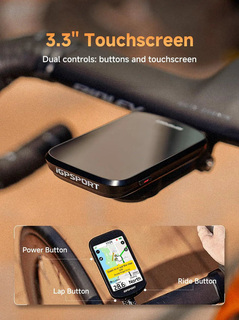 GPS Bike Computer With 3.3 Inch Touchscreen Map And Voice Navigation Ebike Mode Climb Training Dual Band GPS on bike handlebar.