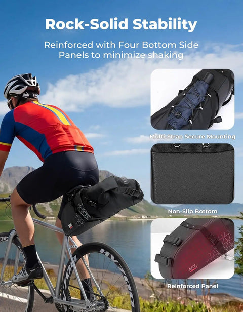 Cyclist using Detachable Bike Seat Bag With Removable Inner Pouch 11 To 13 Liter Waterproof Saddle Pack With Reflective Panel
