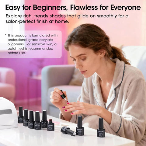 Woman applying Ultimate 24 Piece Gel Nail Polish Kit With 20 Dope Shades And 4 Essential Coats Base Coat Glossy Top Coat Matte.