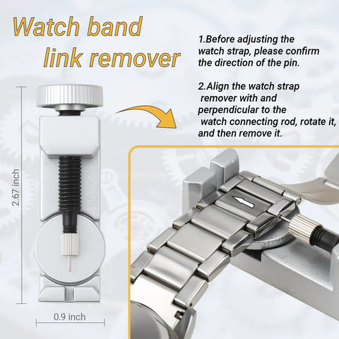Watch band link remover tool from Pro Grade 155 Piece Watch Repair Kit With Precision Screwdrivers, Case Opener, Link Removers, Band Adjusters.