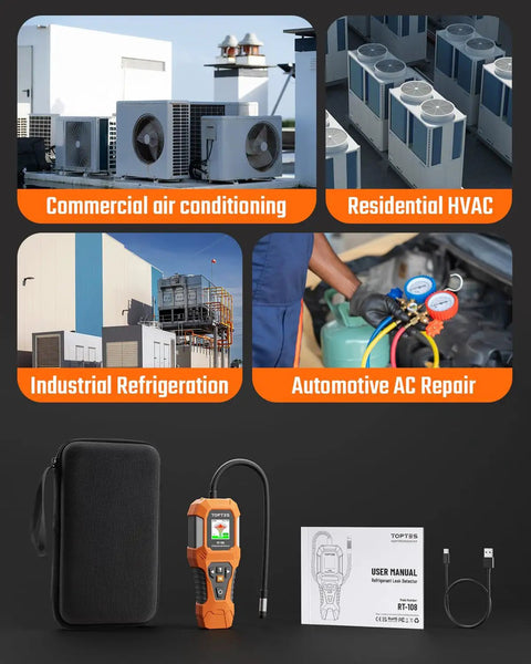 Refrigerant Leak Detector For HVAC With Halogen Ionization Sensor, Detects R134a CFCs HCFCs HFCs, Fast Response And High Sensitivity, 3 Sensitivity Levels, Built In Fan For Negative Pressure, Pro Grade Orange, with case and manual
