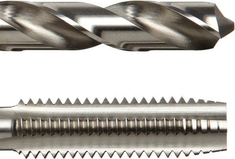 Close-up of metal tap and drill from HT18 Jobber Drill And Plug Hand Tap Set Fractional 18 Piece Kit For Metalworking Pro Grade Durable Hand Tools