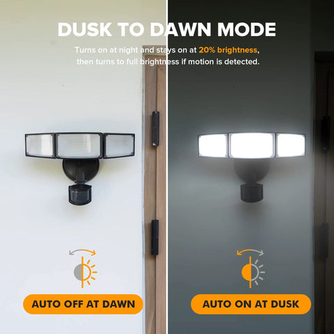 Heavy Hitting Three Head Led Security Flood Light 72W 7500 Lumens Keeps Your Place Guarded With Broad Motion Detection IP65 Weatherproof Dusk Till Dawn Auto Trigger Outdoor Lighting