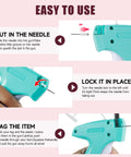 Slick Mini Tagging Gun For Apparel Repair And Crafting tools showing how to insert needle and tag items, in classic turquoise design.
