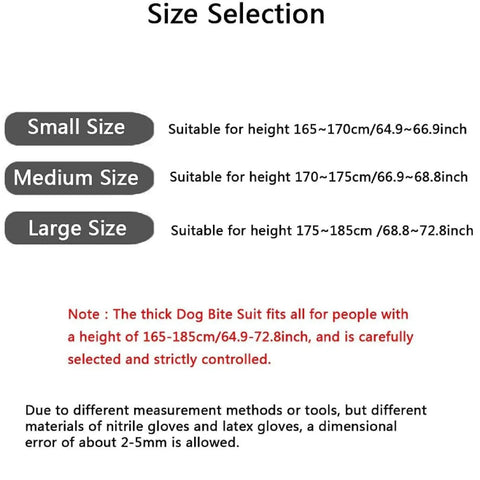 Size chart for Dog Training Bite Suit For Working Dogs Premium Anti Bite Jumpsuit with small, medium, and large options.