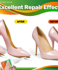 Before and after using Crystal Clear Shoe Glue For Quick Fix And Strong Bond No Fuss Waterproof Adhesive on pink heels.