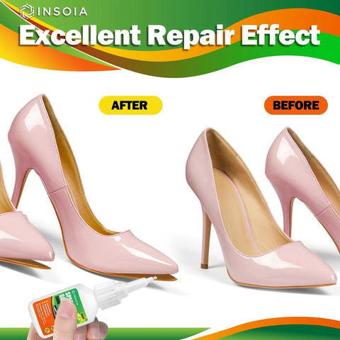 Before and after using Crystal Clear Shoe Glue For Quick Fix And Strong Bond No Fuss Waterproof Adhesive on pink heels.