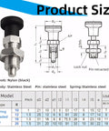 M20 Stainless Steel Reset Knob Spring Plunger With Secure Locating Pin And Heavy Duty Push Button Latch Mechanism For Grease Monkey Garages And Straight Shot Diy Hardware Jobs Rust Proof Build dimensions and specifications detailed.
