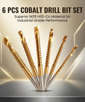Six Piece M35 Cobalt Drill Bit Set Featuring 135 Degree Split Point And Fully Ground High Speed Steel Heavy Duty Metal Bits For Stainless Steel Cast Iron Wood Aluminum that showcase superior M35 HSS-Co material.
