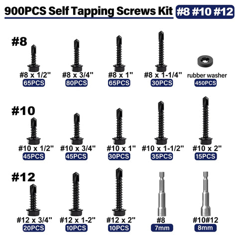 Must Have 900 Piece Self Tapping Screws Set For Metal In 410 Stainless Steel Hex Washer Head Self Drilling Sheet Metal Screws With Rubber Washers Assorted Sizes 8 10 12 For DIY Projects And Home Repairs displayed with quantity per size and rubber washers.