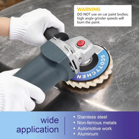 Person using Wool Flap Polishing Disc For Angle Grinder Four And A Half Inch By Seven Eighths Inch Arbor High Density Wool Polishing Wheel For Metal Aluminum Stainless Steel Stone Mirror Finish Pack Of Five on metal surface.