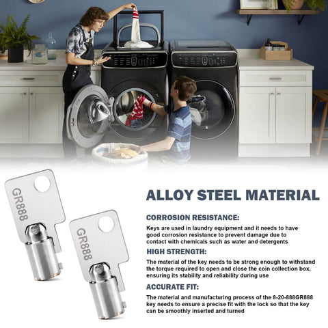 GR888 2 Pack Coin Laundry Machine Keys for Greenwald Money Box Lock Replacement 8 20 888 shown near washing machines