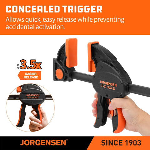 Rock Solid Heavy Duty Bar Clamps 2 Pack 12 Inch with concealed trigger for easy release during woodworking.