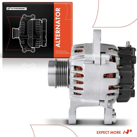 Side view of Premium Beefed Up Alternator Compatible With Hyundai Elantra Elantra Coupe Elantra GT 2013 Kia Forte Rondo 2014 2016 Soul 2012 2013 12V 120A 6 Groove Decoupler Pulley CW 3 Pins Start Stop And Non Start Stop Vehicles