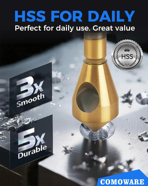 Heavy Duty Titanium Coated HSS Countersink Drill Bit Set for Wood and Metal on metallic surface, showing durability and smoothness.