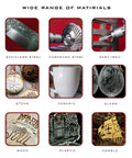 Tungsten carbide burr set; collage of materials including steel, stone, ceramic, glass, wood, plastic, marble.