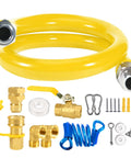 Heavy Duty Beefed Up Three Quarter Inch Gas Line Hose Kit With Safety System For Commercial Kitchens Mobile Gas Hose Connector Kit With Quick Disconnect Elbows Universal Heads And Restraint Cable, showing yellow hose, connectors, and accessories.