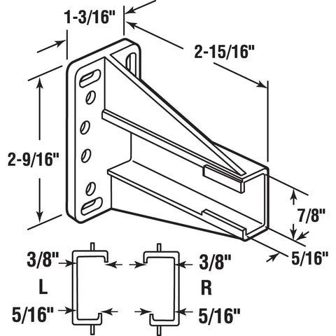 Diagram of Drawer Slide Track Back Brackets Set For Side Mounted Systems showing dimensions and design in durable white plastic.