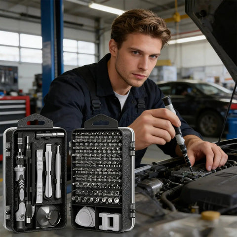 Mechanic using All In One Precision Screwdriver Set With Magnetic Bits And Storage Case, 115 In 1 Tool Kit for electronics and repairs, silver