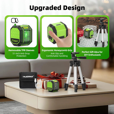 Laser Level With 25.6 Inch Tripod and Rechargeable Battery, Self Leveling 100 Ft Green Cross Line Tool for Picture Hanging, Tile, and Home Renovation, Perfect Fathers Day Gift for Dad and DIY Pro. green laser level with 25.6 inch tripod, battery, case, and charger on table